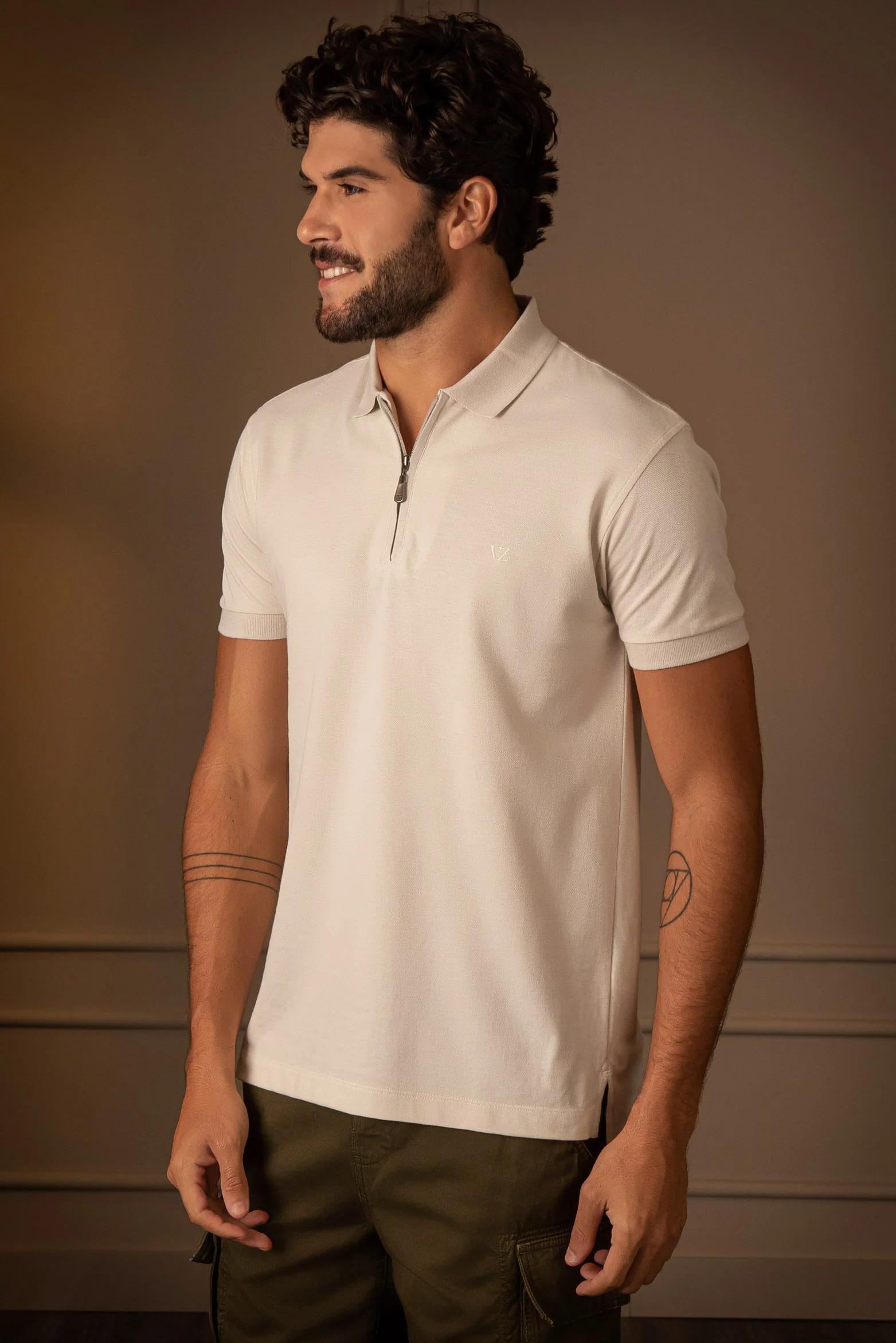 Alma Casual Cotton Polo for Men, Cream Zipper - Image 3