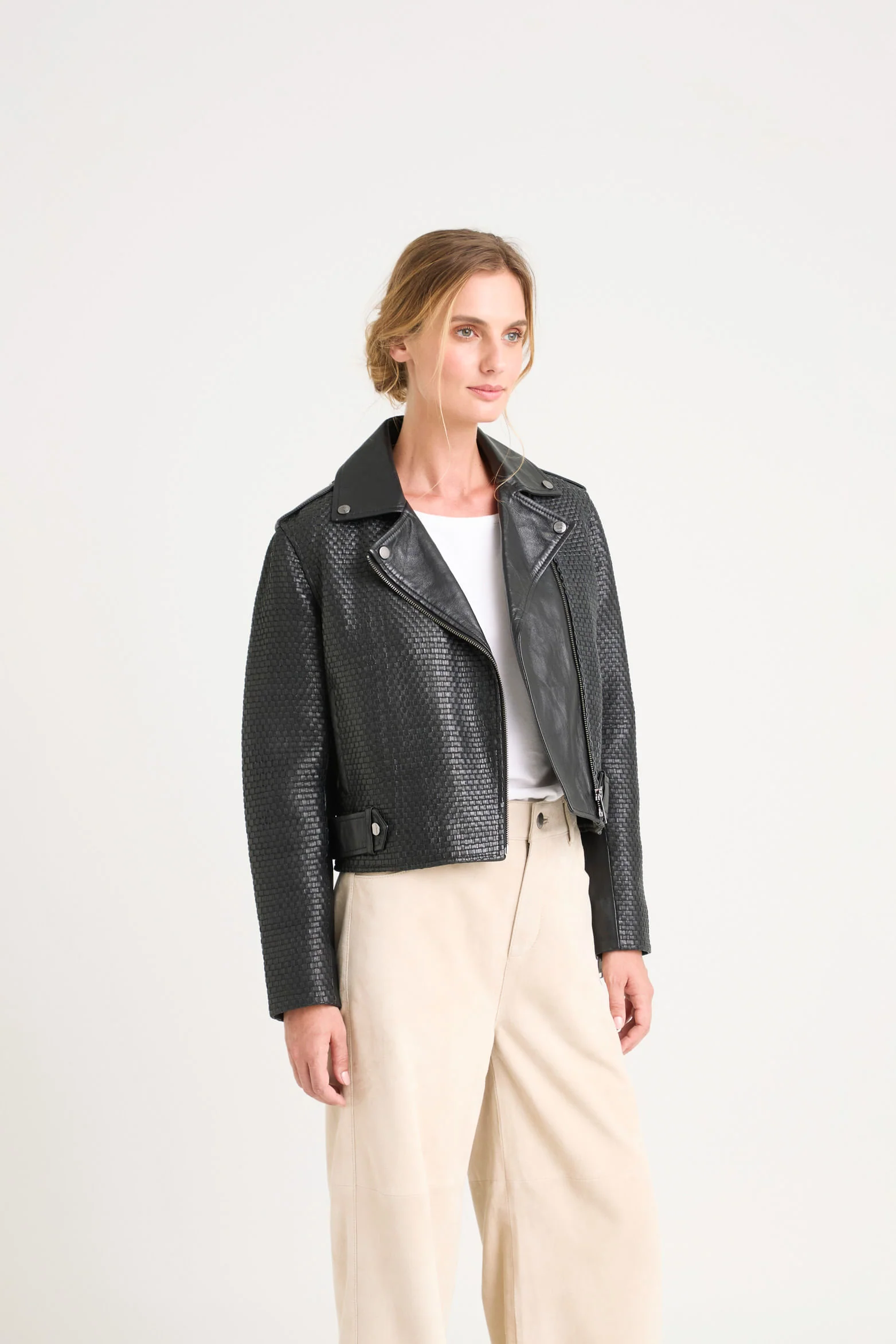 Claire Leather Woven Biker Jacket for Women - Image 4