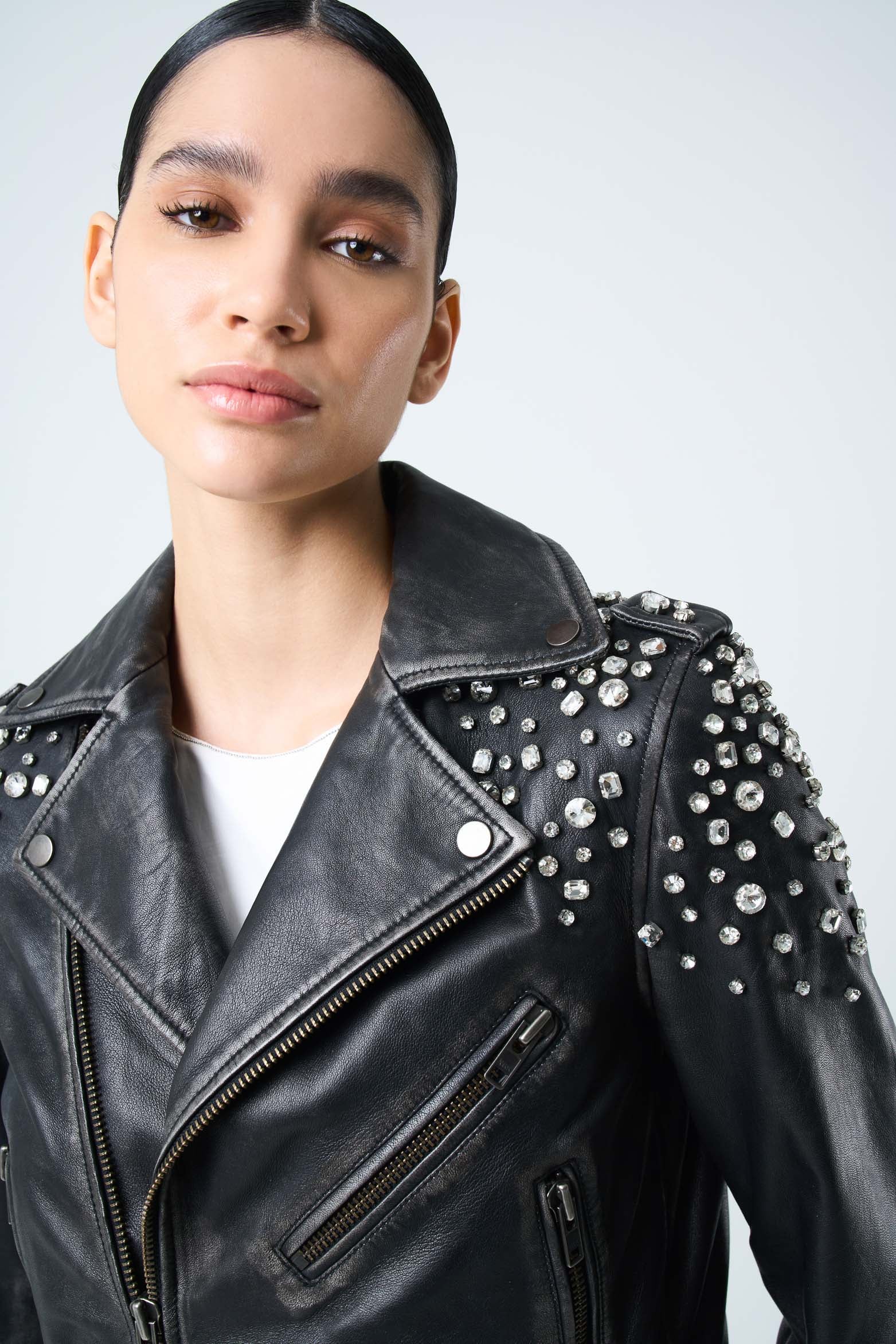 Leather biker jacket for women with crystals - Image 6