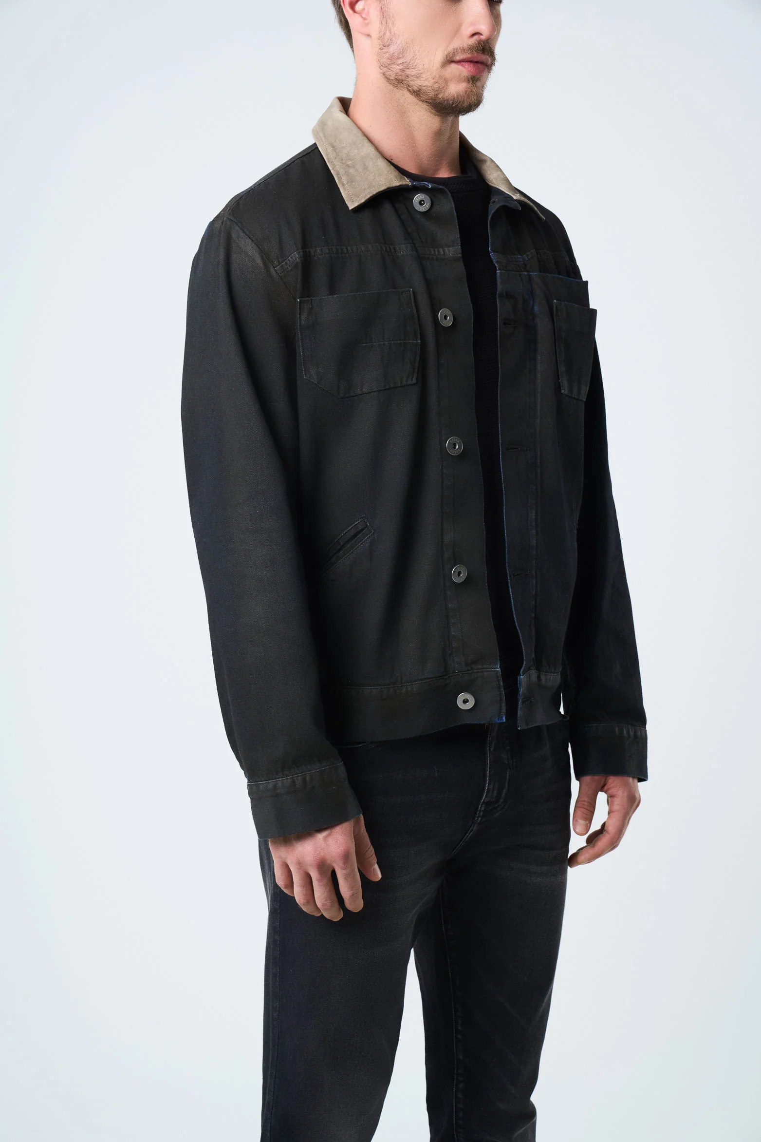 Lerna Jacket in Denim and Leather for Men, Trucker Silhouette - Image 5