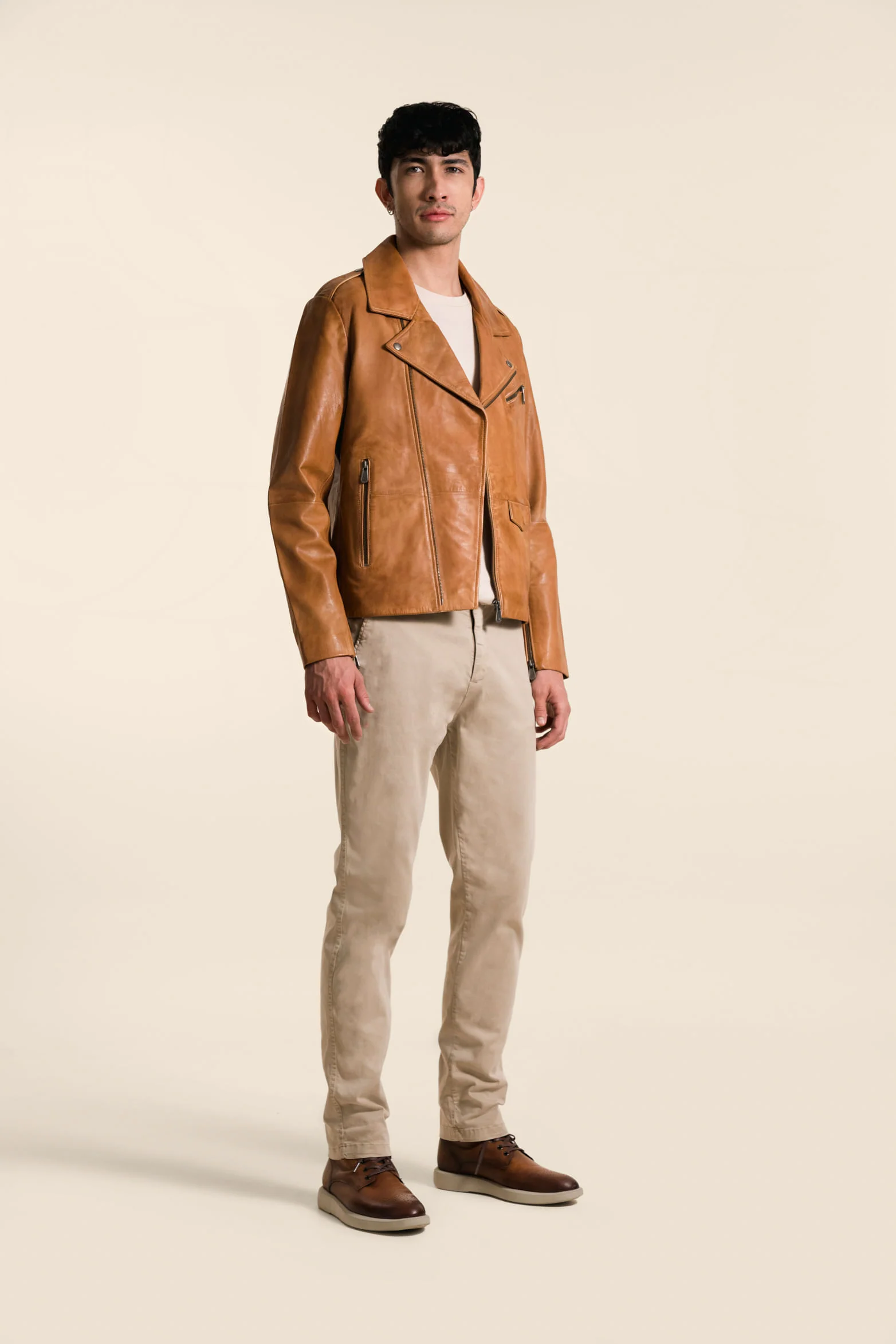 Men’s Classic Leather Biker Jacket in Honey Leather - Image 3