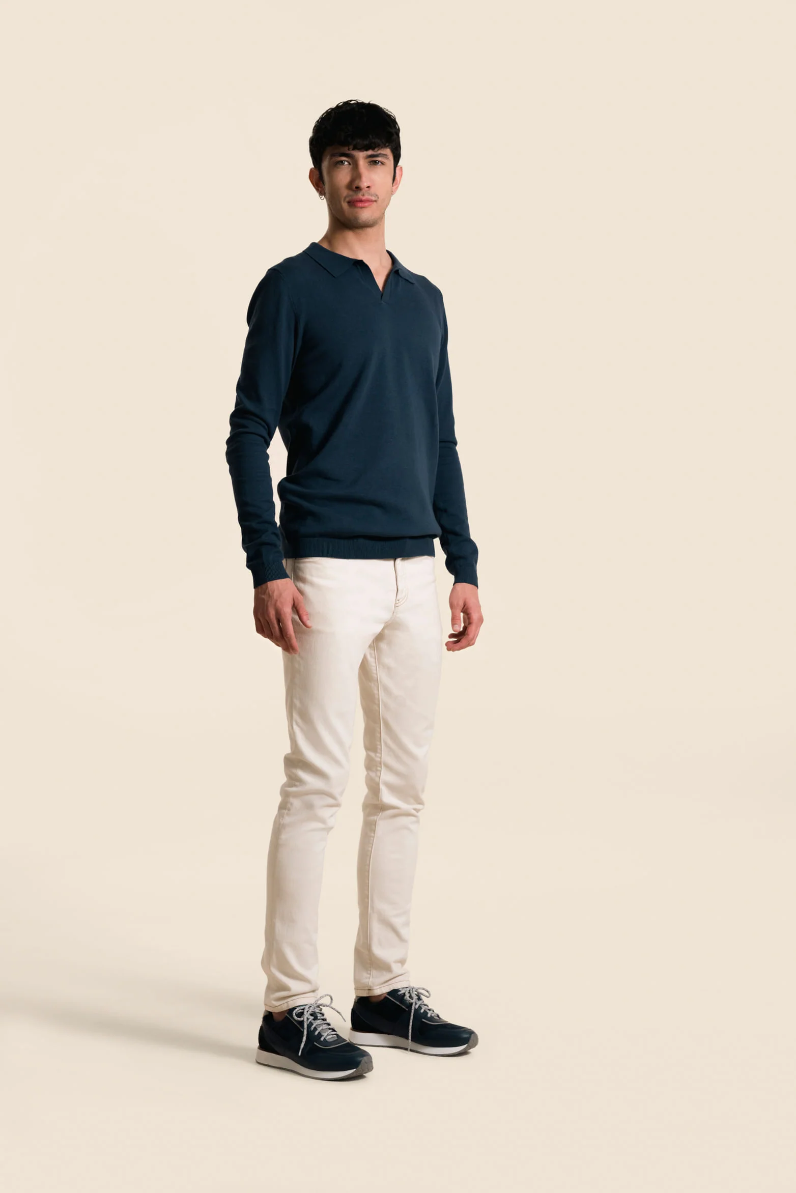 Men’s Pyxis Long Sleeve Knit Polo in Navy Blue - Image 3
