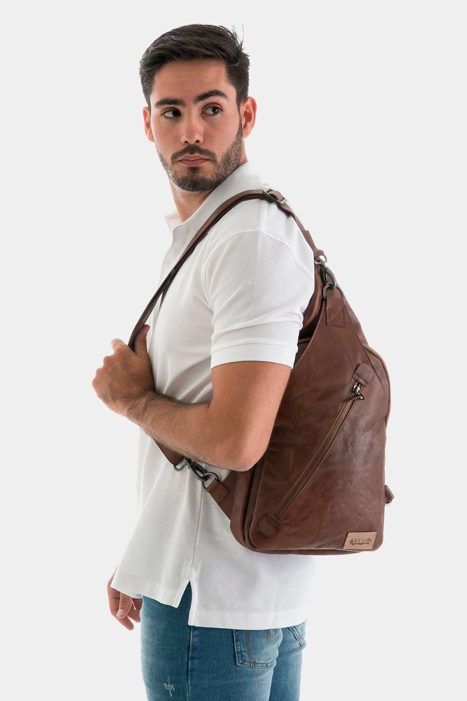 Men’s Sling Handbags in Honey Leather with Adjustable Strap - Image 2