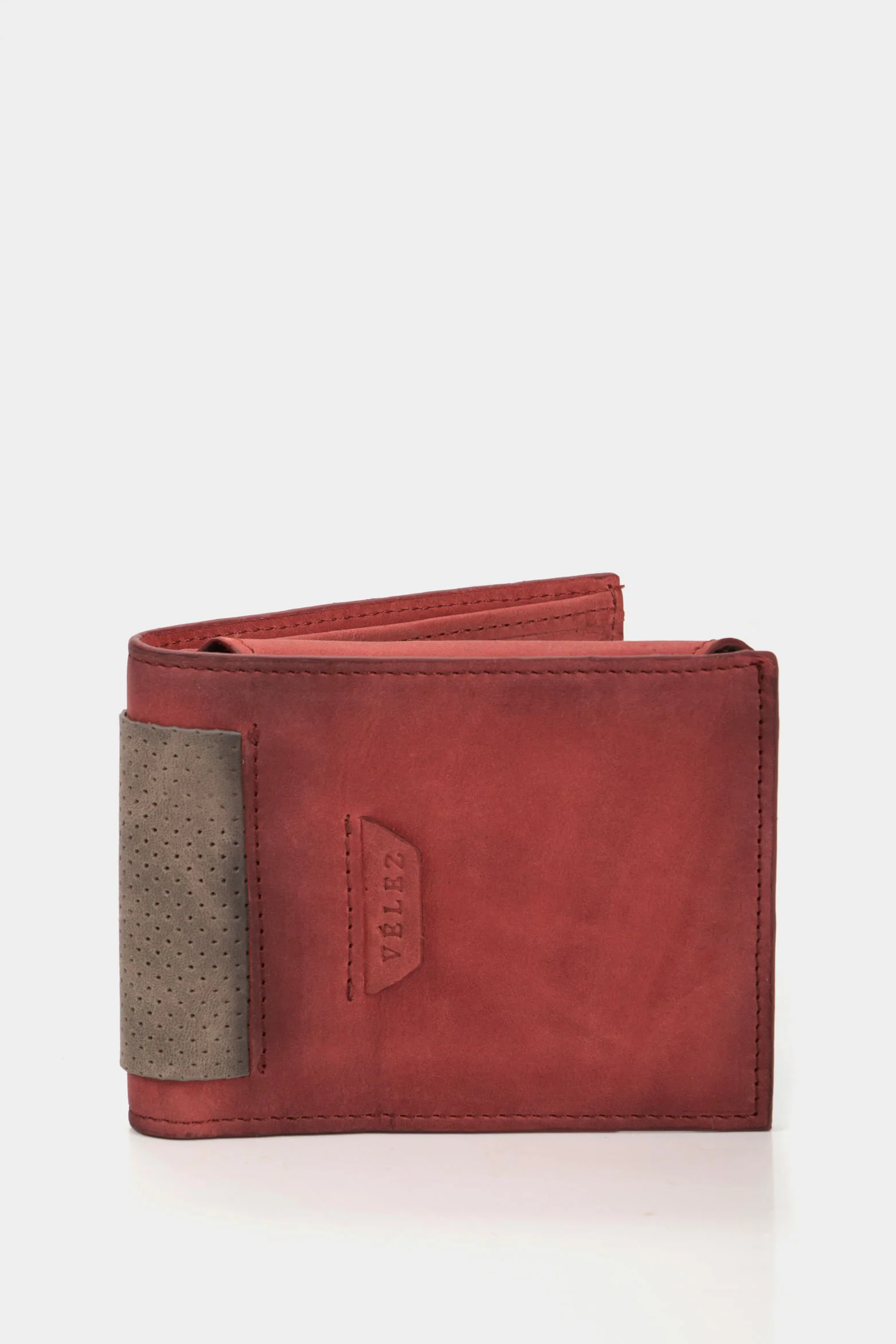 Men’s Walnut Three-Compartment Wallet in Red Leather with Aged Finish