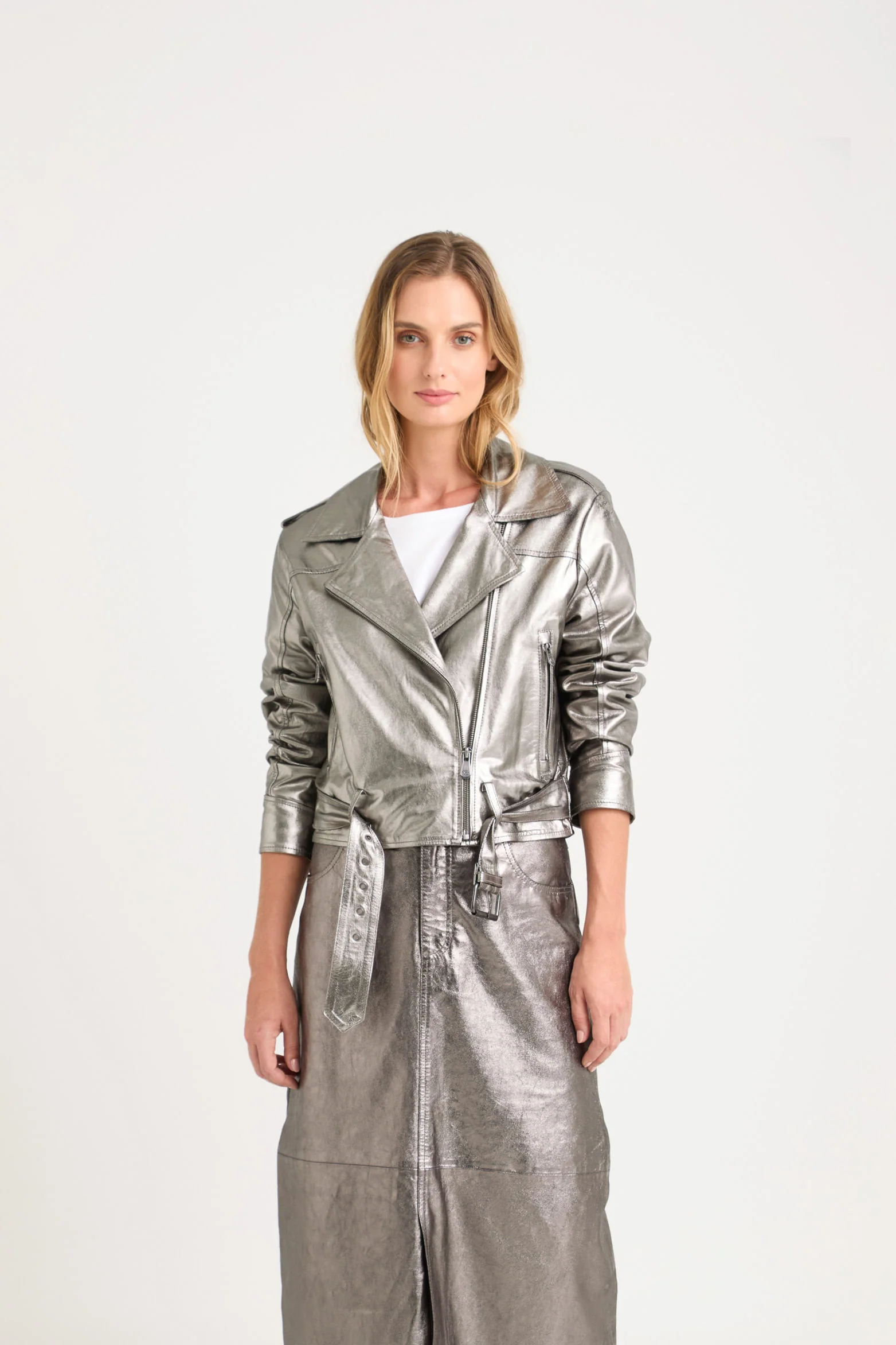 Metallic Finish Leather Biker Jacket for Women