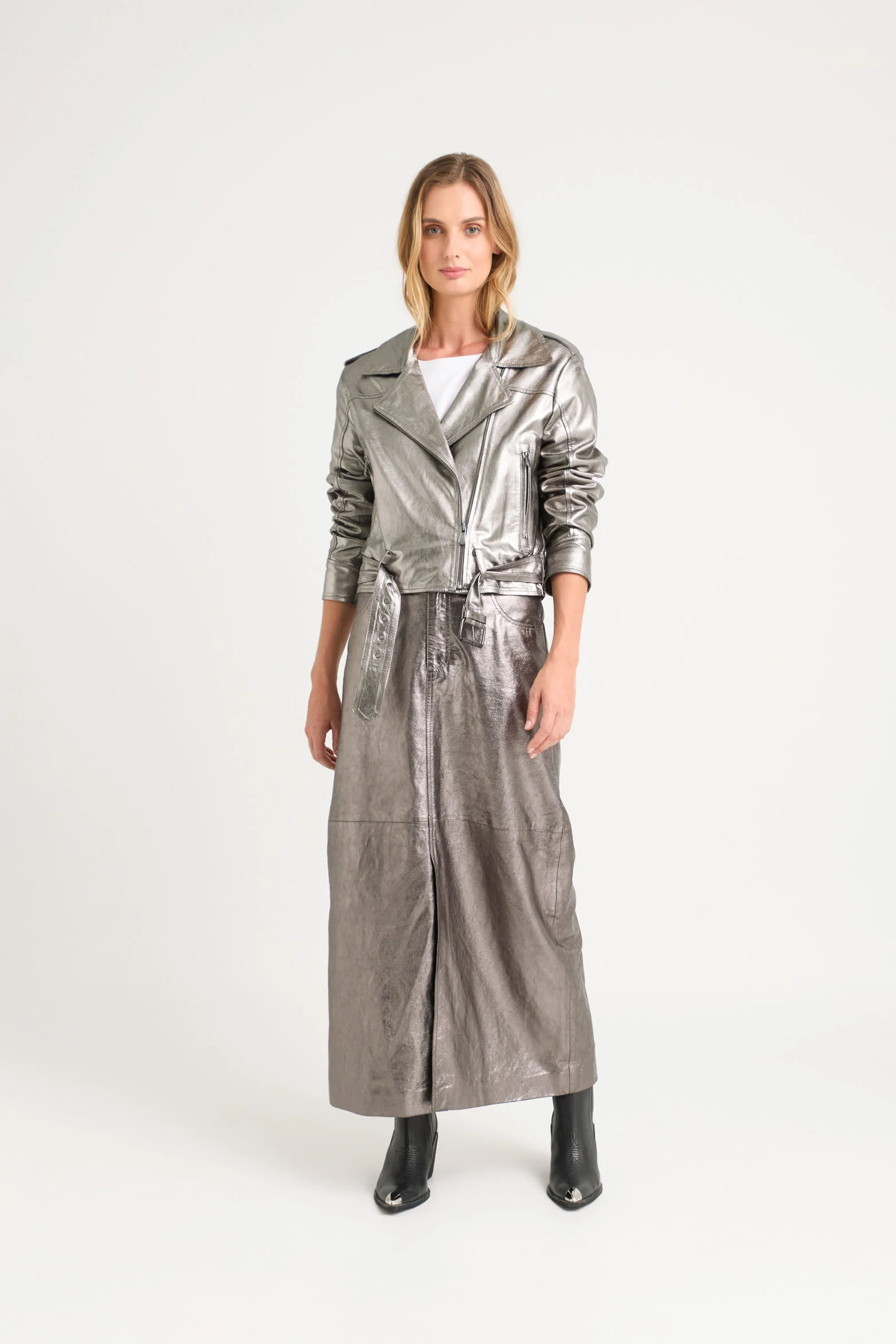 Metallic Finish Leather Biker Jacket for Women - Image 2