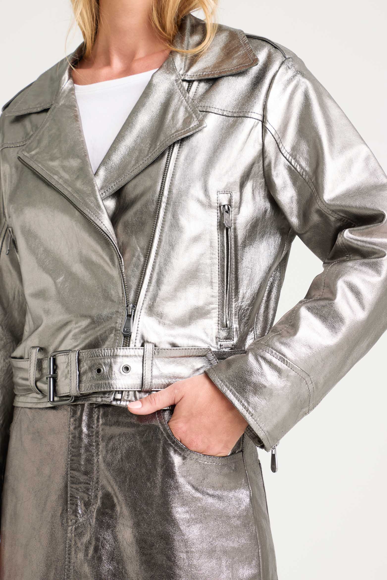 Metallic Finish Leather Biker Jacket for Women - Image 5