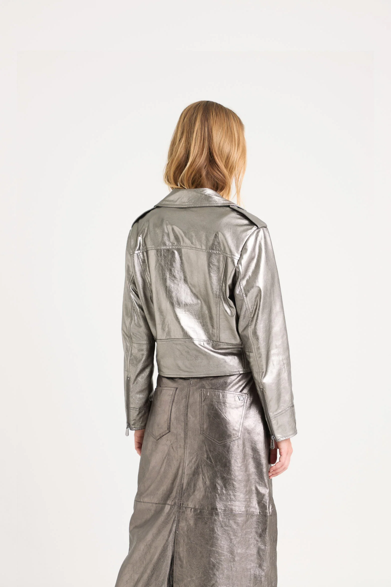 Metallic Finish Leather Biker Jacket for Women - Image 6