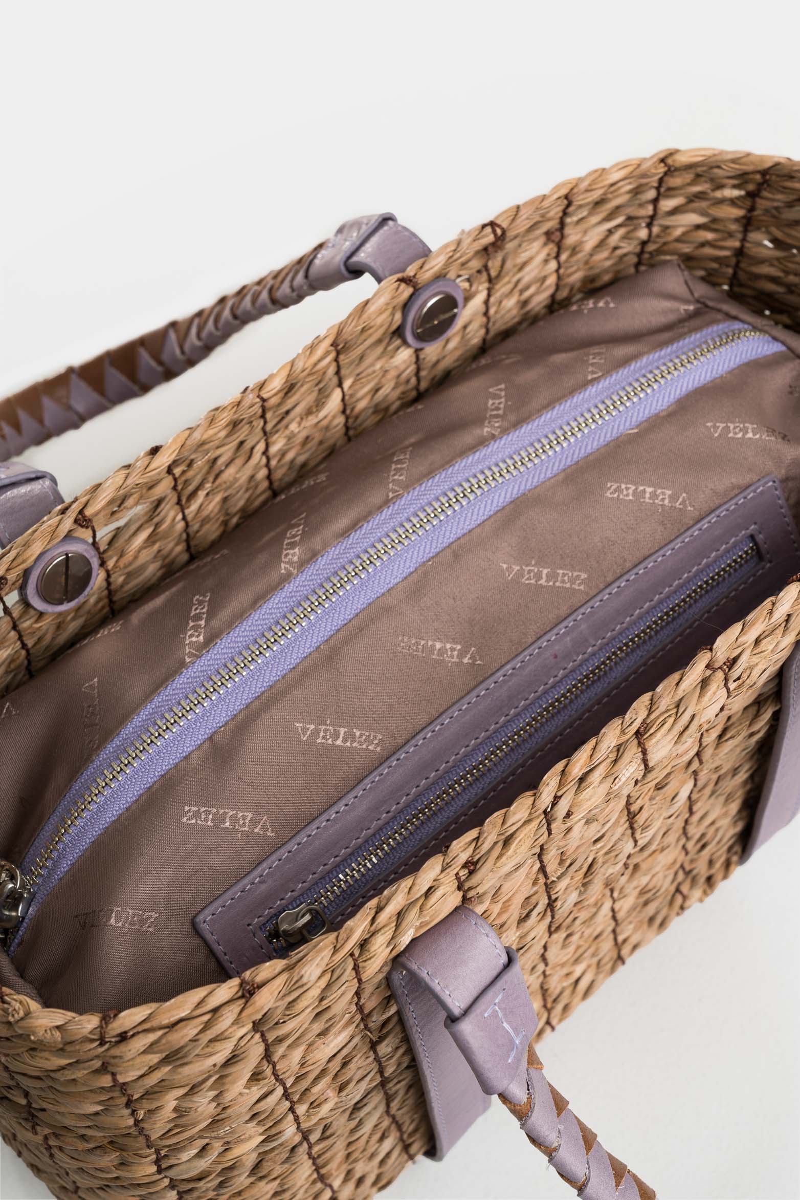 Natural Fiber Bowling Basket Bag with Braided Handle for Women in Lilac - Image 5