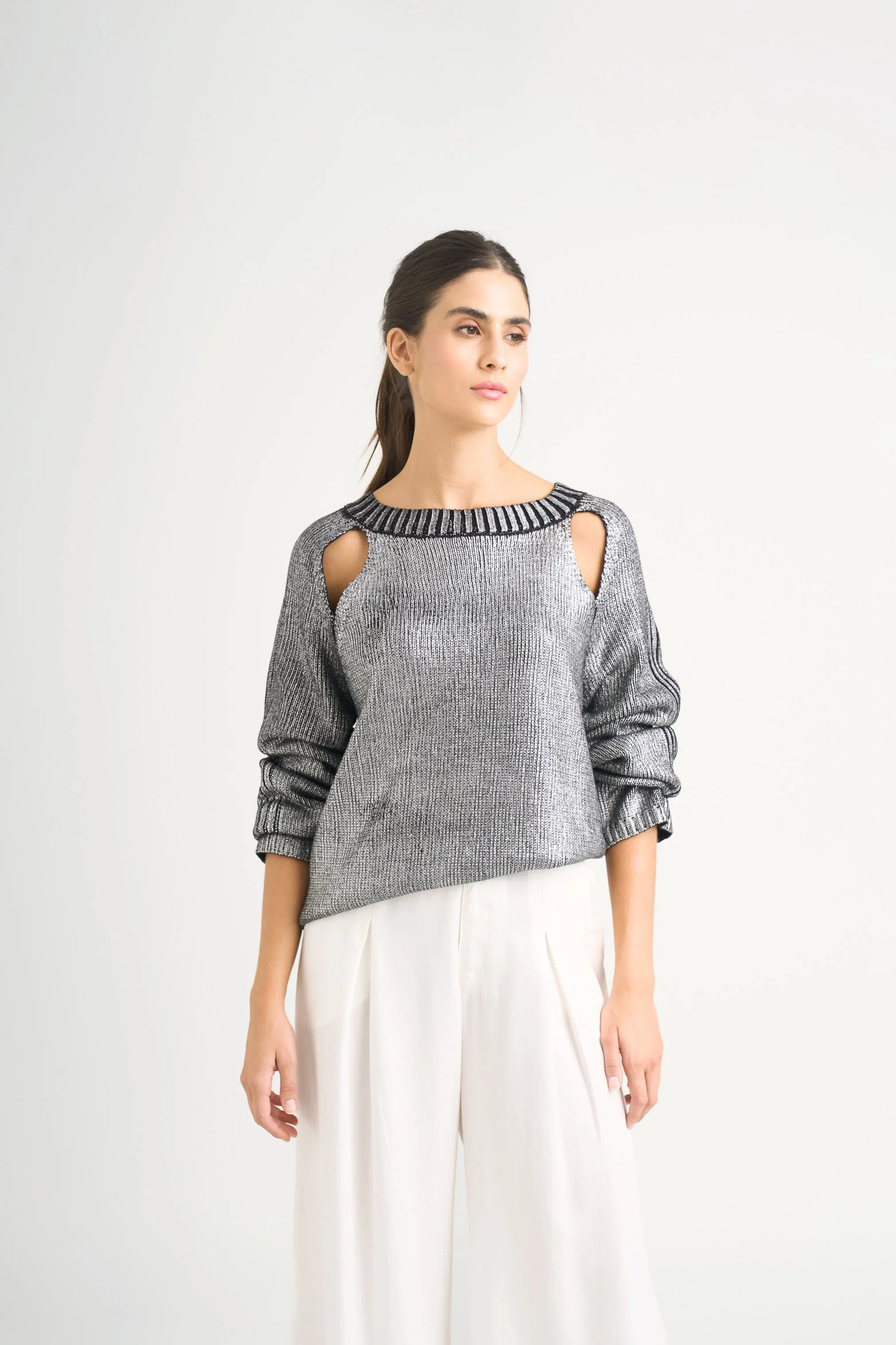 Star straight-knit sweater for women with metallic effect