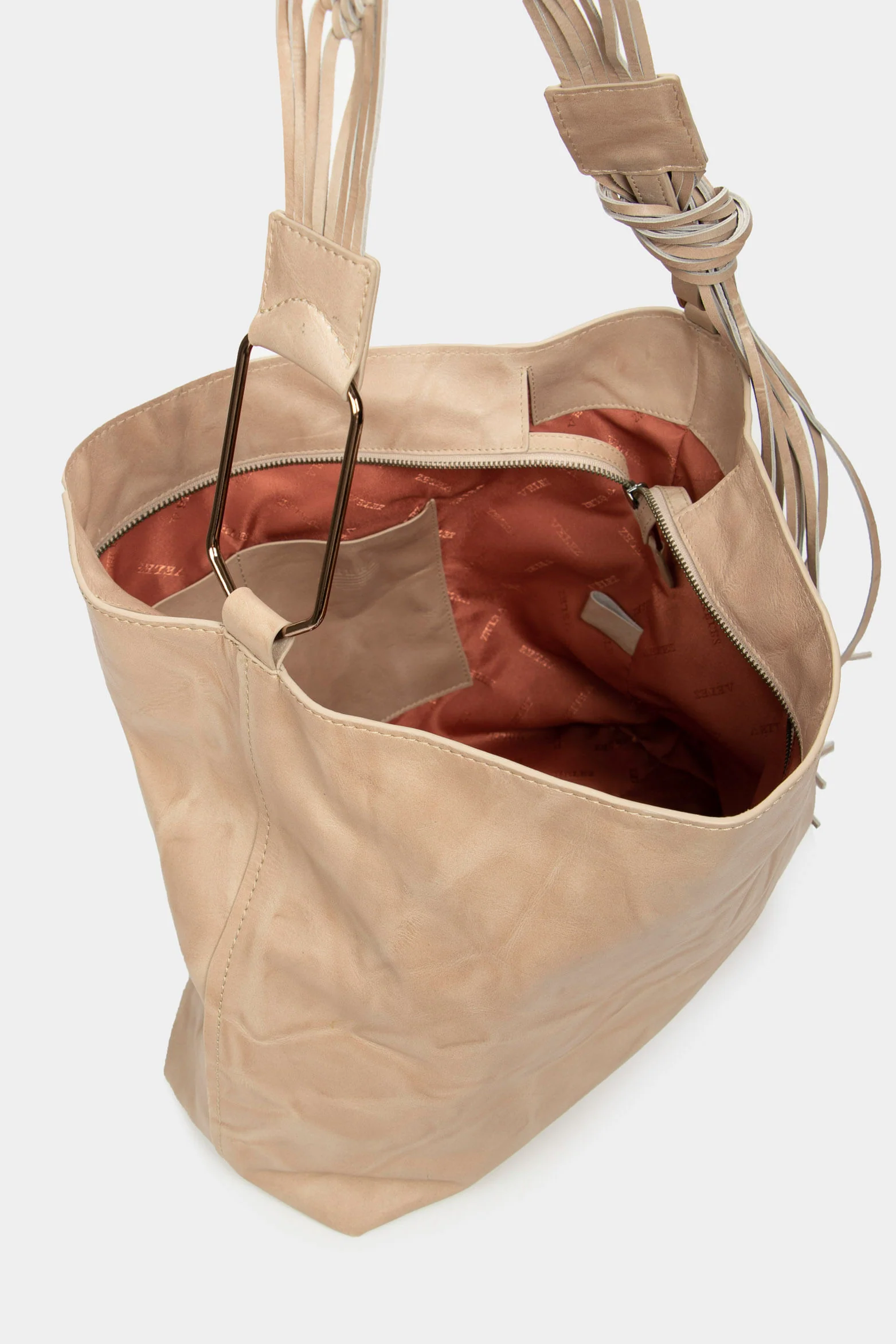 Women`s Azalea Leather Shoppg Bag  with Macramé  Beige - Image 6