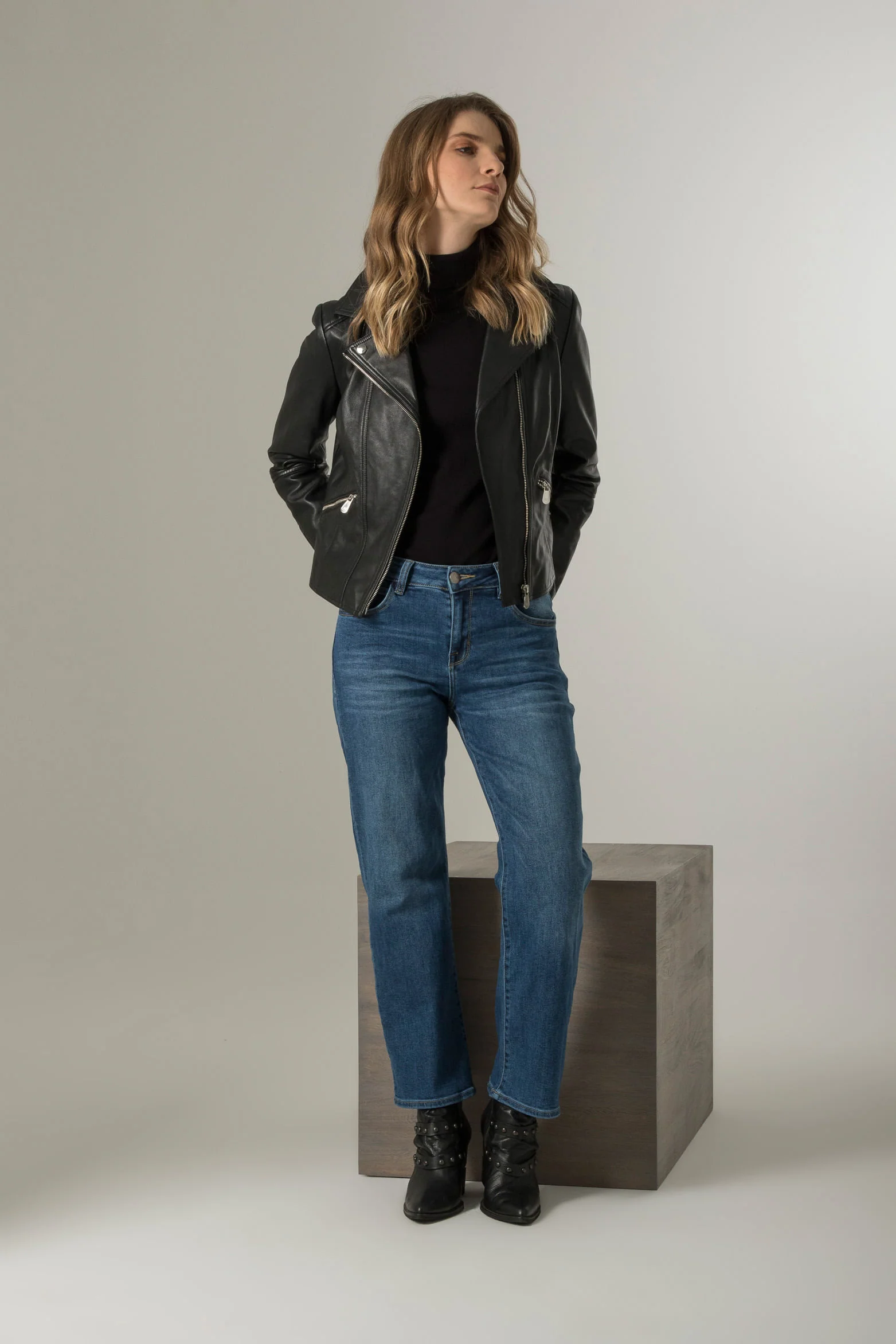 Women’s Island Leather Biker Jacket in Black with Zippers - Image 3