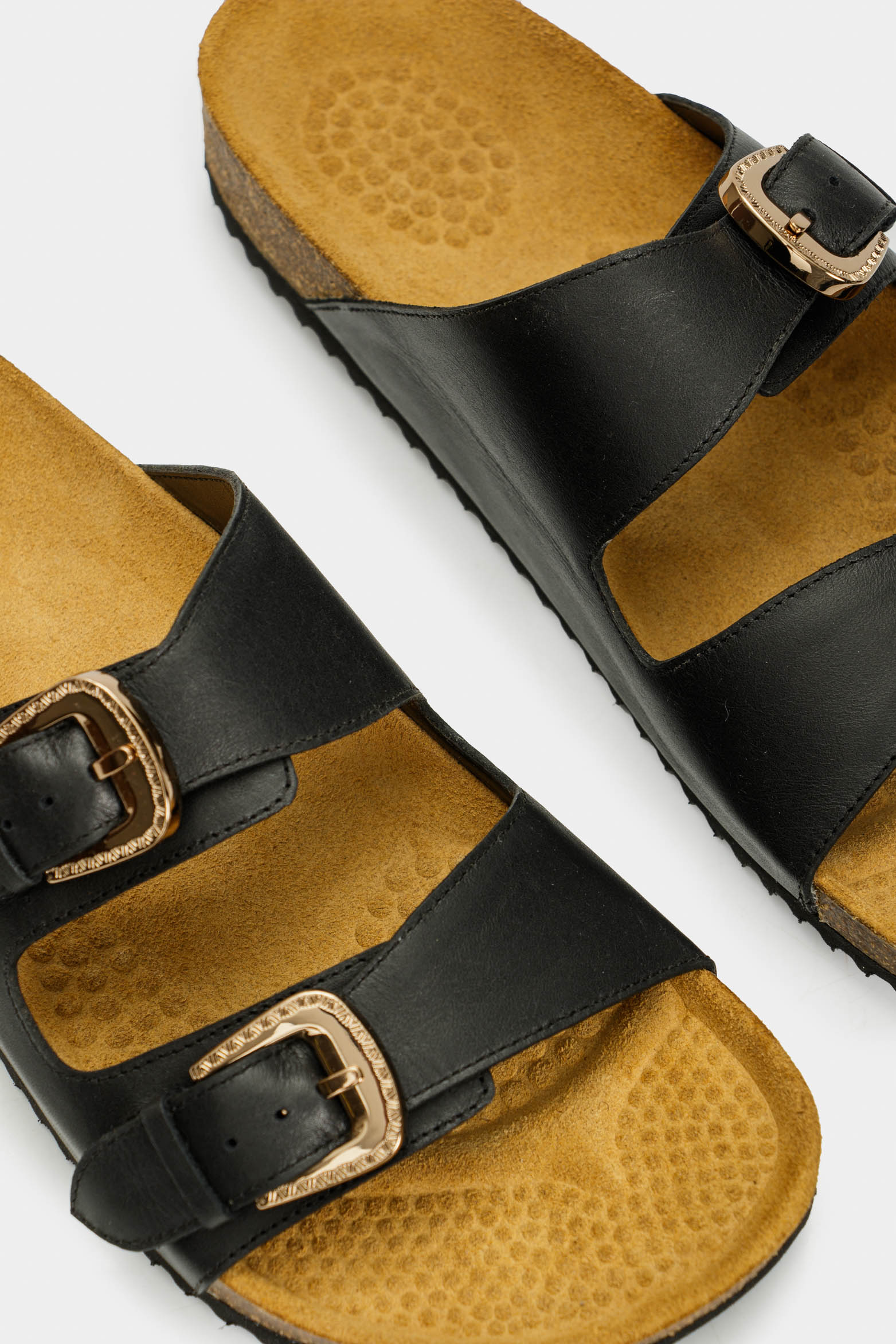 Women’s Pilos Flat Sandal in Black Leather with Cork Sole - Image 4