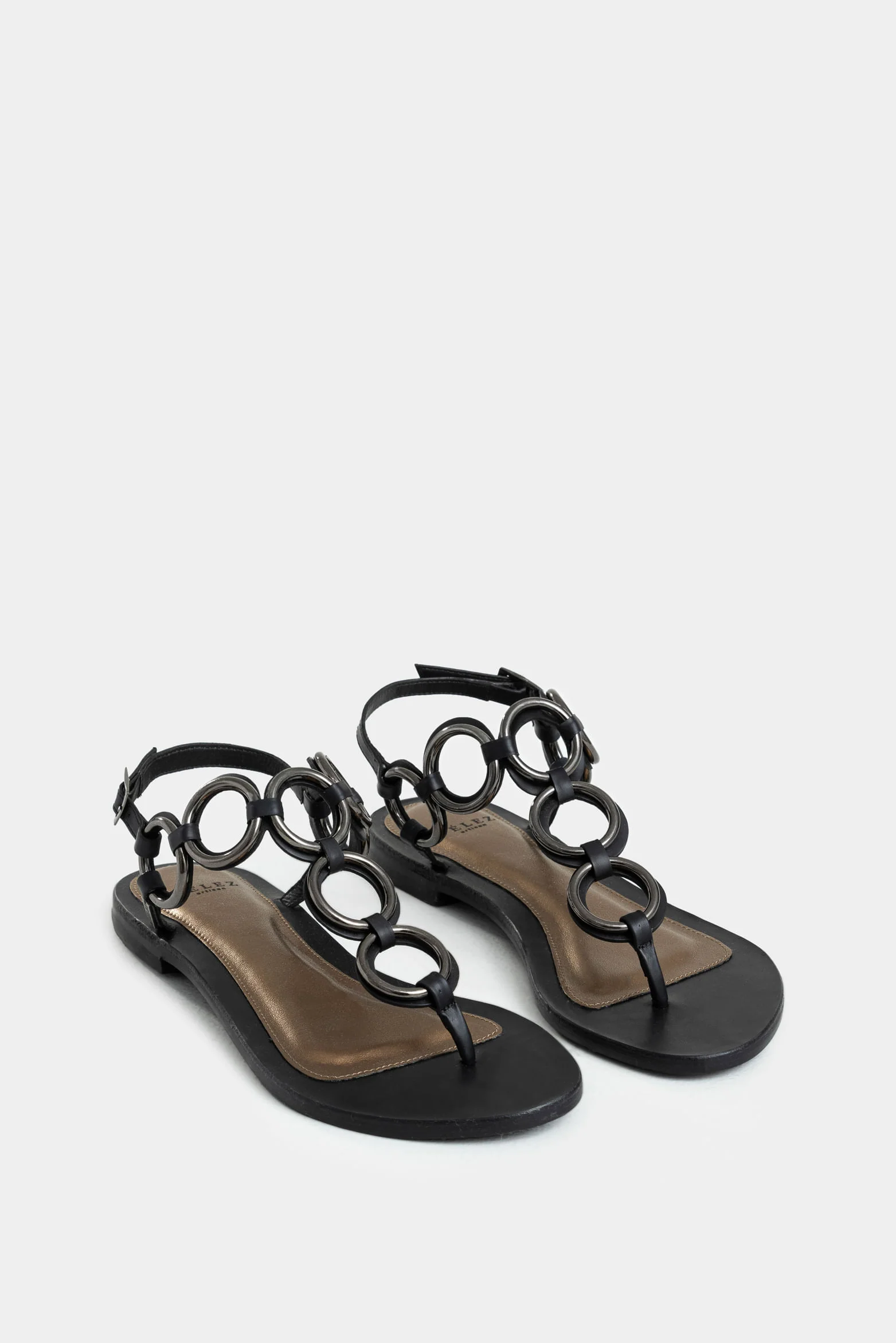 Women’s Topaz Flat Sandal in Black Leather with Metal Rings - Image 2